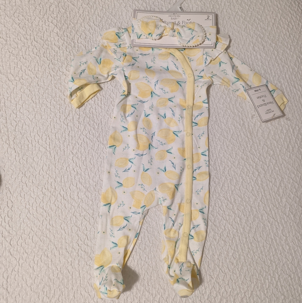 NWT Modern Baby Headband & Footie 2 Piece Lemon Set 6-9M
